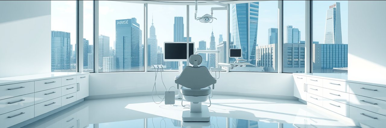 Modern dental clinic with panoramic city view for one-day dental crowns