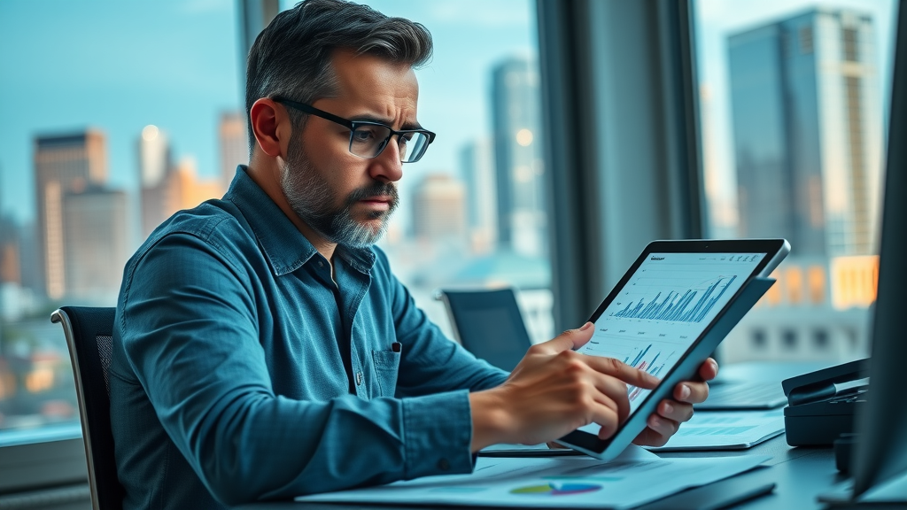 Concerned Dallas business owner reviewing declining sales with social media marketing dallas