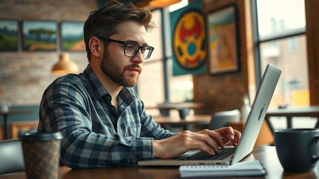 blog post - Creative content writer crafting a blog post in a coffeehouse setting, focusing on high-value content for Plano businesses.