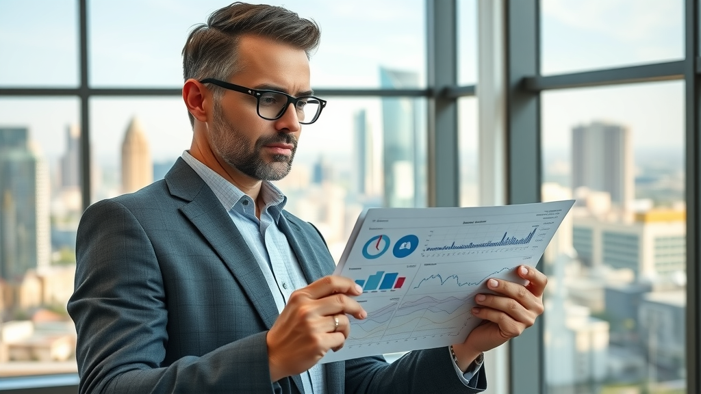 successful real estate agent reviewing demographic charts for Dallas target audience, digital data analysis, modern Dallas office, high conversion rates