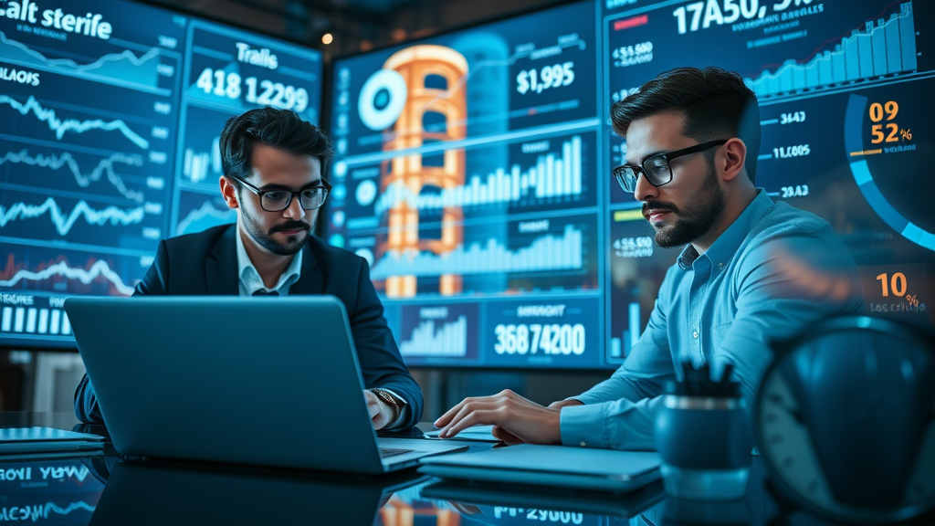 Innovative Dallas business team analyzing market trends on digital displays, collaborating on small business growth strategies with the Dallas skyline behind them.