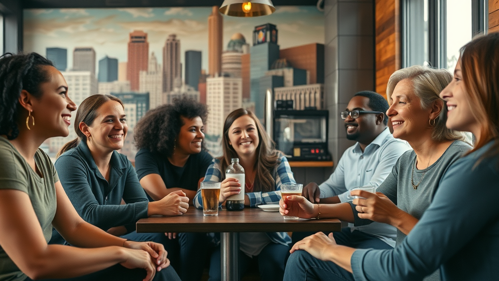 diverse Dallas residents discussing at a local coffee shop with downtown mural in background