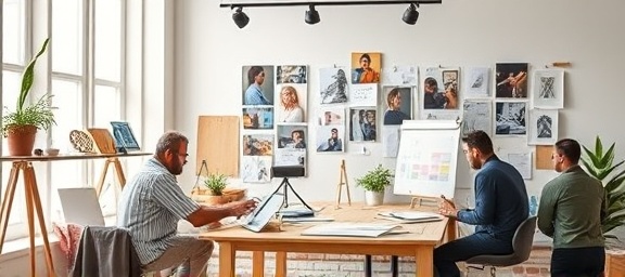 polished social media branding, compelling, creating visual motifs, photorealistic, airy studio with mood boards and sketches, highly detailed, designers collaborating and experimenting, 8k quality picture, rich and varied color palette, soft studio lighting, shot with a 28mm lens.
