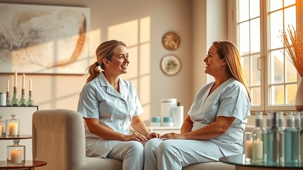Client consultation with professional esthetician inside a bright spa studio.