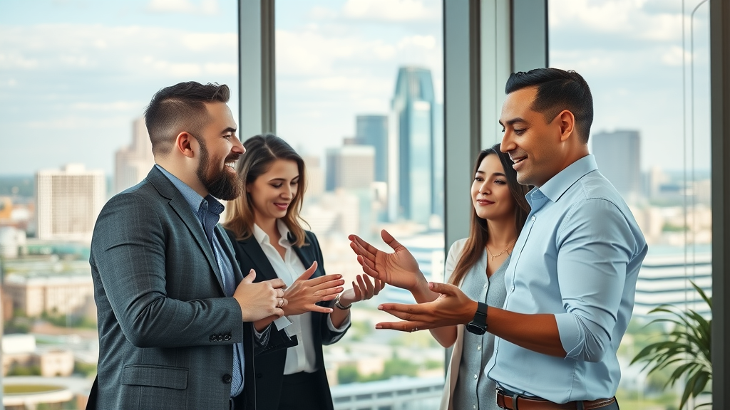 Upbeat Dallas small business owners collaborating in a modern office, Dallas skyline in background, small business marketing Dallas