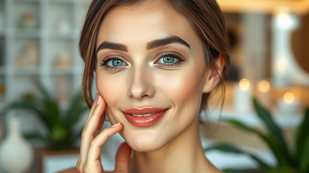 Confident woman with smooth skin after injectables neurotoxin treatment.