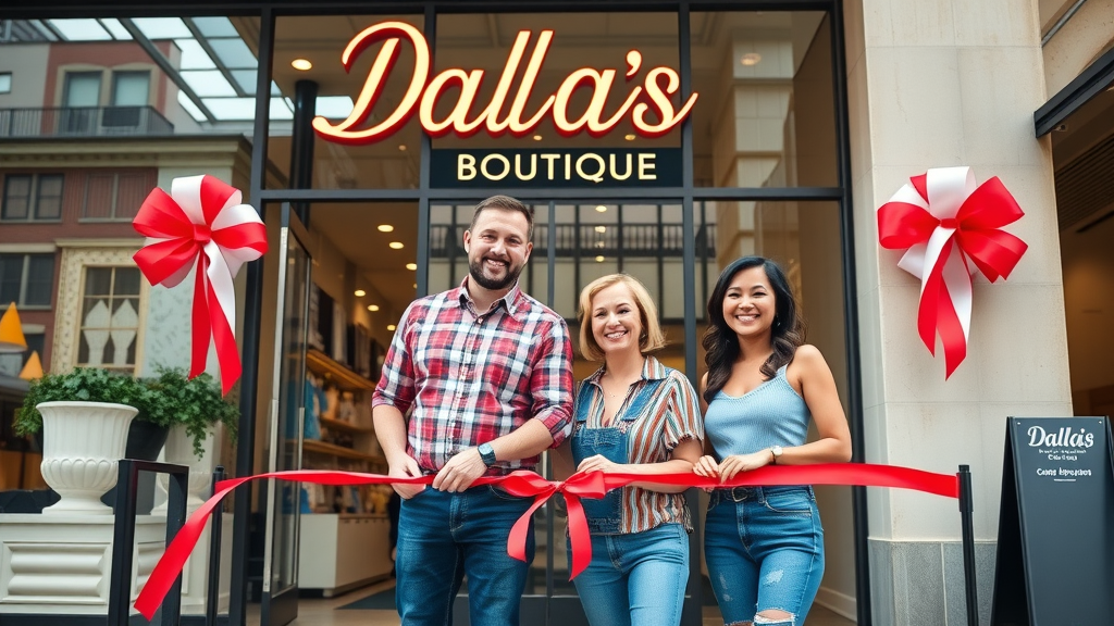 joyful boutique store owners Dallas storefront new branded signage small business branding Dallas urban shopping street ribbon cutting celebration