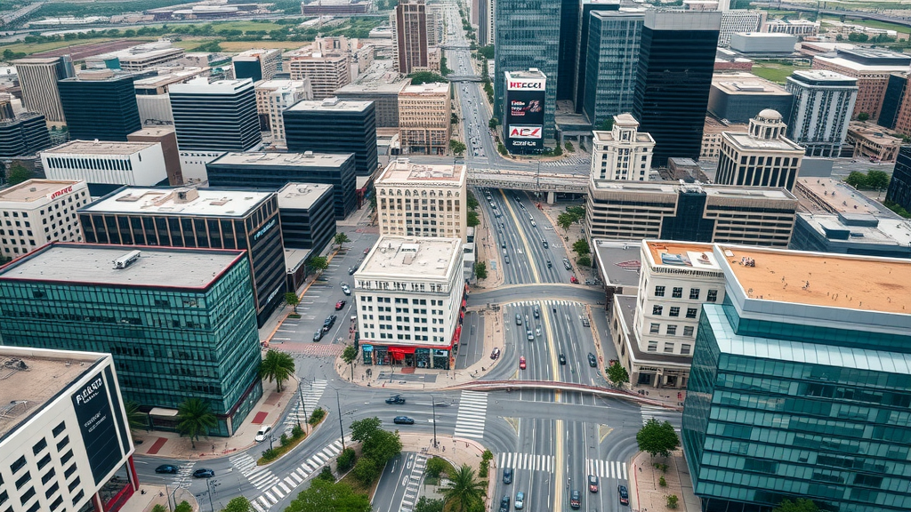 Plano business district aerial view with digital marketing strategies and vibrant urban environment