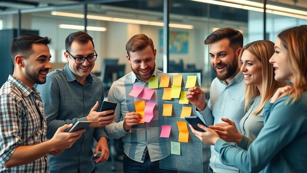 creative startup team planning cost-saving marketing strategy with digital and analog tools - multi-channel campaign in a modern office
