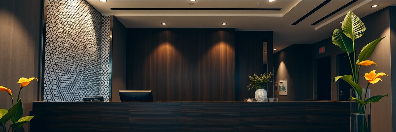 Modern non surgical aesthetics clinic reception with elegant decor and warm lighting.