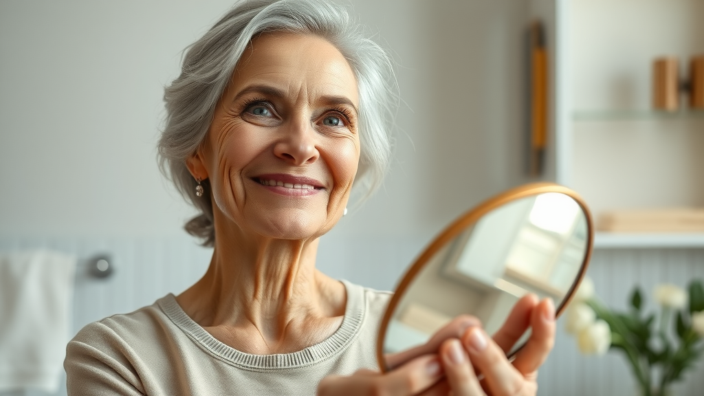 Woman admiring youthful skin after litelift mini facelift in mirror