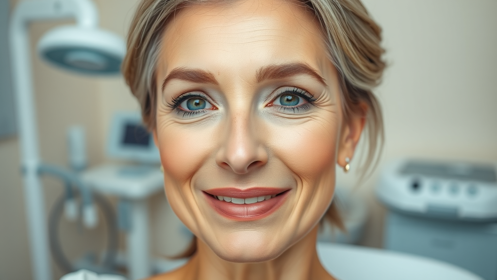 Close-up youthful mature woman post anti-aging injectables, spa treatment room backdrop