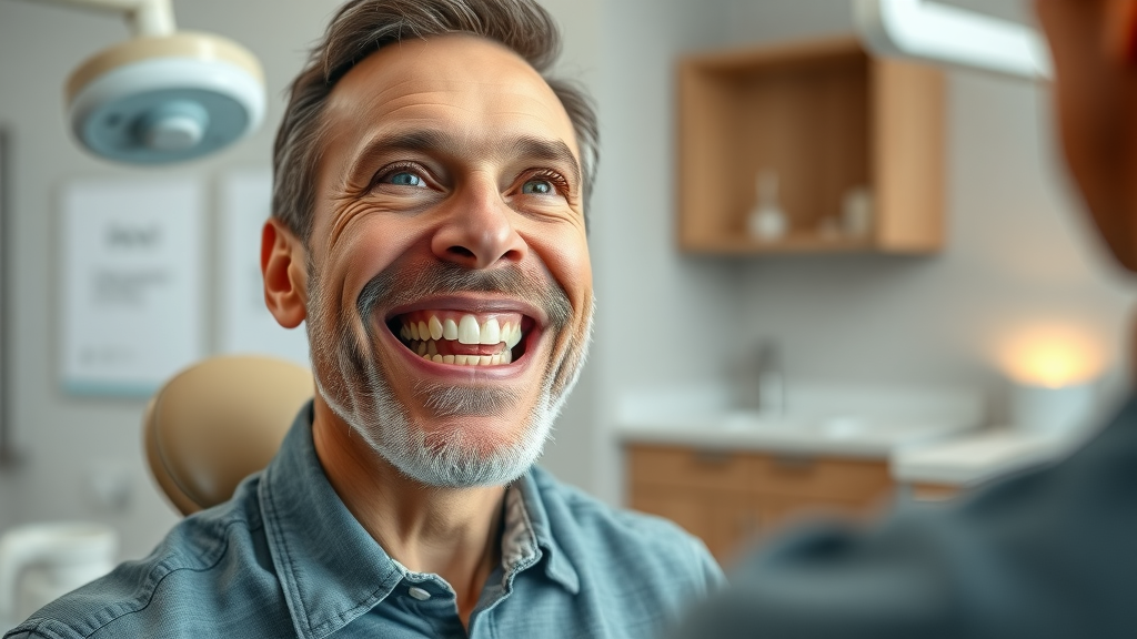Happy patient admires smile after cosmetic dentistry services treatment