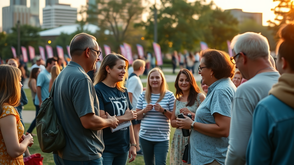 Plano community gathering around marketing materials in urban park setting