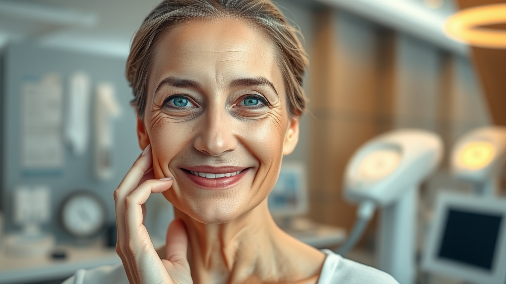 Confident woman with radiant skin in dermatology clinic, cosmetic dermatology treatments