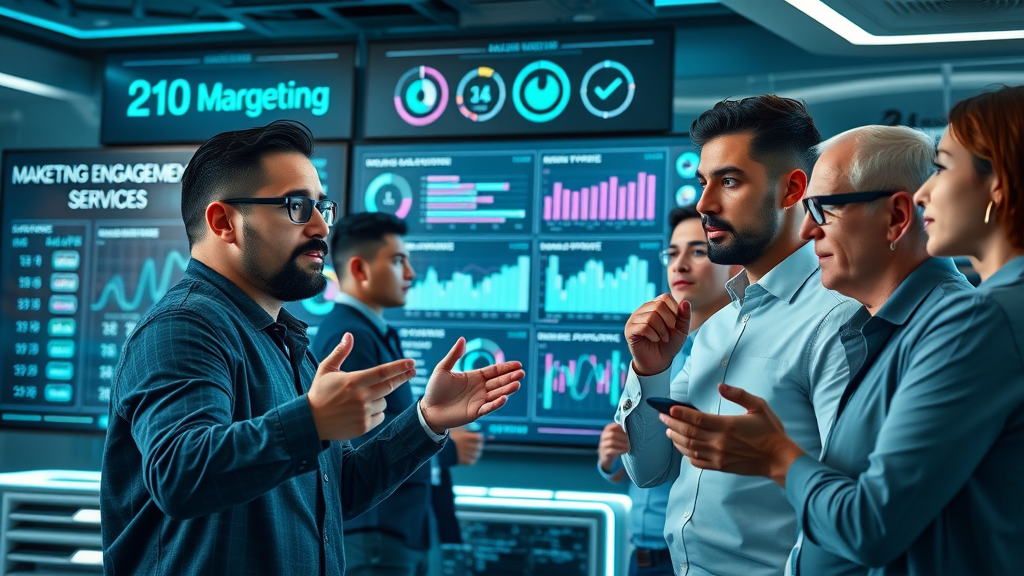 Marketing team reviewing engagement graphs on a high-tech screen, futuristic office