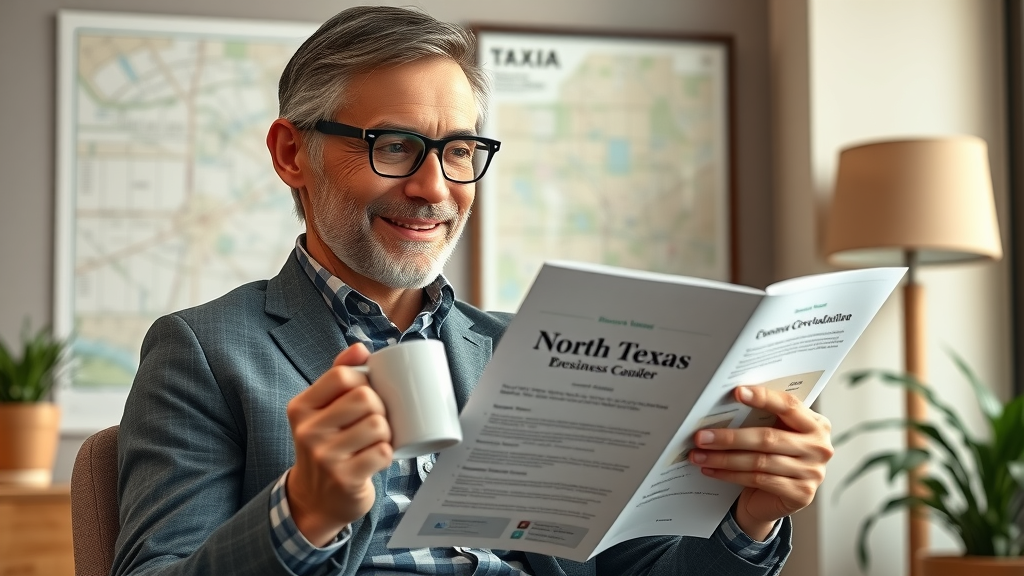Resourceful Dallas business owner reviewing economic development guide; Dallas and North Texas economic growth strategies for small business and financial expansion