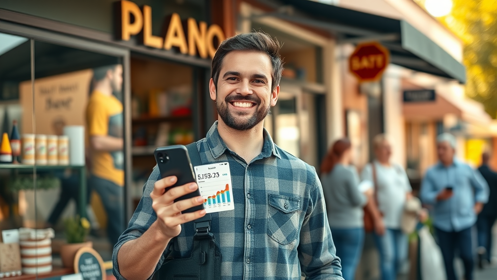 Plano retail owner celebrating success from social media marketing for small business in plano, holding smartphone showing analytics, storefront in background