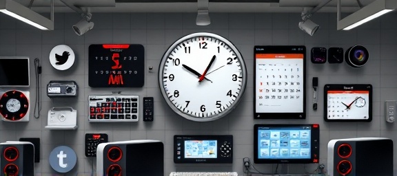 consistent social media management, methodical, scheduling updates, photorealistic, tech startup environment with a clock and calendar displays, highly detailed, synchronized gadgets and alerts, 5k resolution, neutral colors with red accents, adjustable track lighting, shot with a 40mm lens.