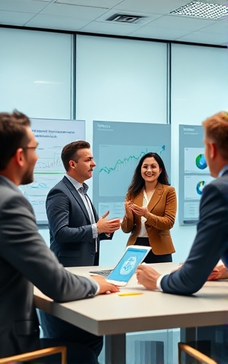 comprehensive analytics metrics, enthusiastic business team, discussing, photorealistic, bright conference room with digital whiteboards, highly detailed, interactive elements, smooth pan shot, corporate colors, natural daylight, shot with a 35mm wide-angle lens
