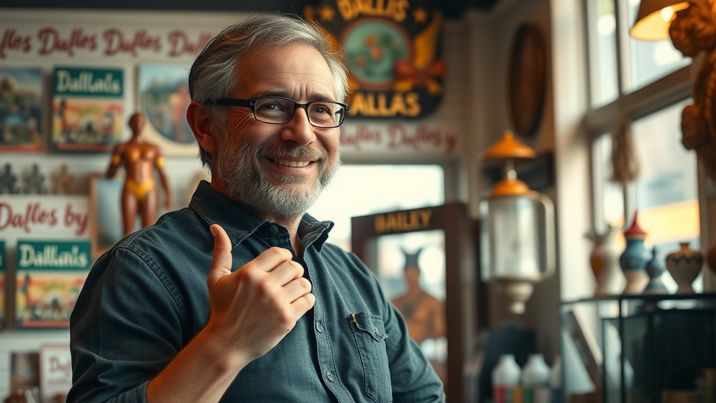 Determined Dallas business owner in a cozy shop, surrounded by Dallas memorabilia and merchandise, exemplifying resilience and small business growth.