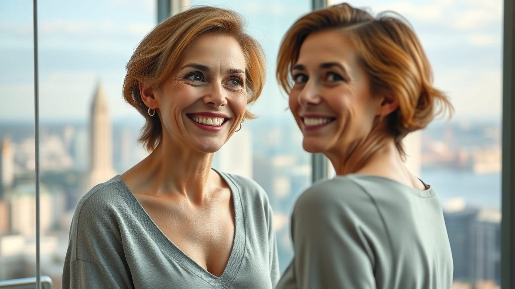 Confident woman with radiant skin admiring subtle results of dermal fillers Bay Area