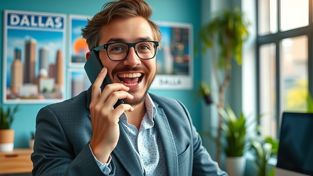 Small business marketing Dallas: motivated Dallas owner calling marketing agency, vibrant office, excited, high fantasy, detailed, cool window light