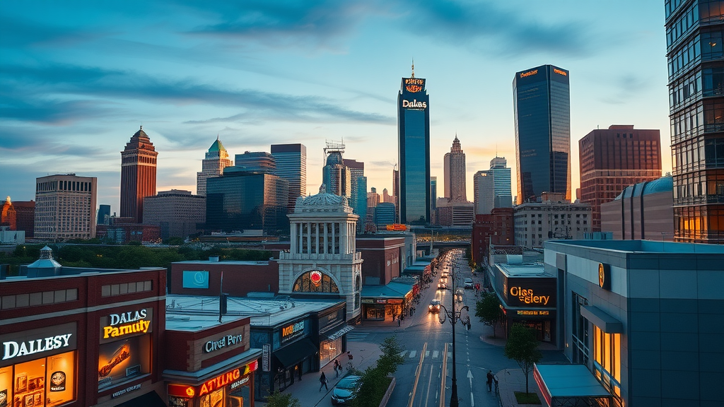 dynamic Dallas cityscape at dusk vibrant modern business district with small storefronts iconic Dallas skyline small business branding Dallas