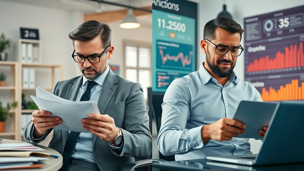 high-cost vs. low-cost small business advertising - stressed owner tallying bills vs. optimistic owner analyzing digital results