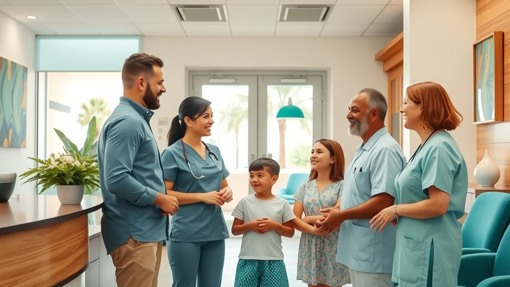 Friendly Miami family dentistry team welcomes family to bright dental clinic