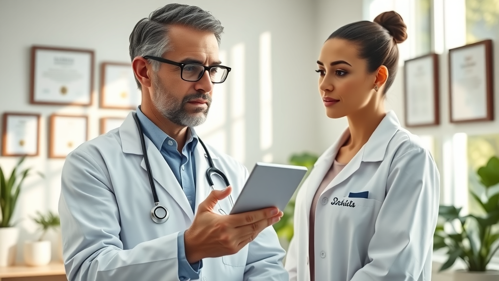 Doctor consults patient about body contouring procedures in sunlit clinic