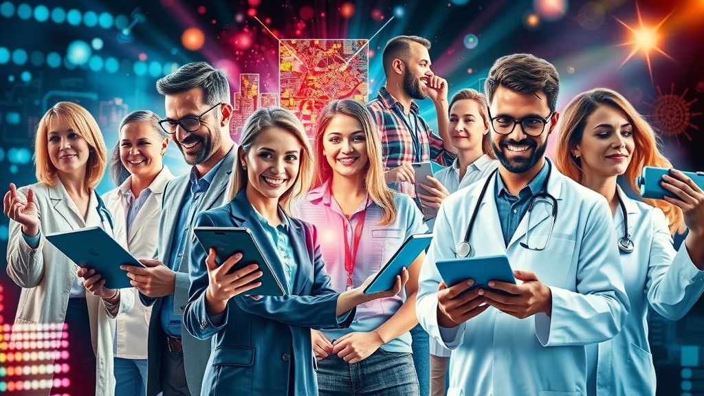 Vibrant collage of Dallas business sectors: tech, finance, healthcare, and life science professionals interacting; Dallas regional economic development in action with dynamic urban overlays