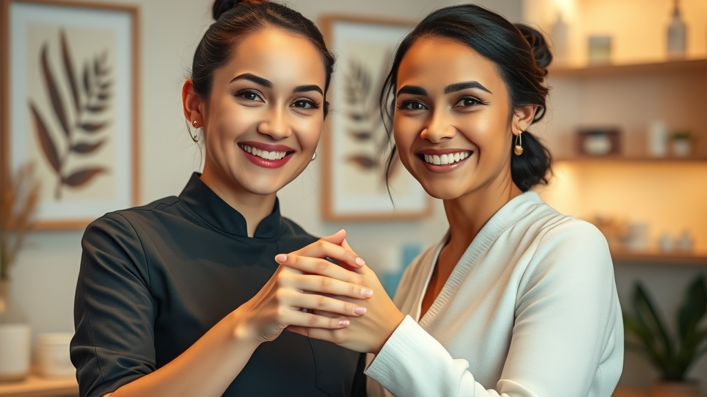 Professional esthetician with happy client after personalized facial treatment.
