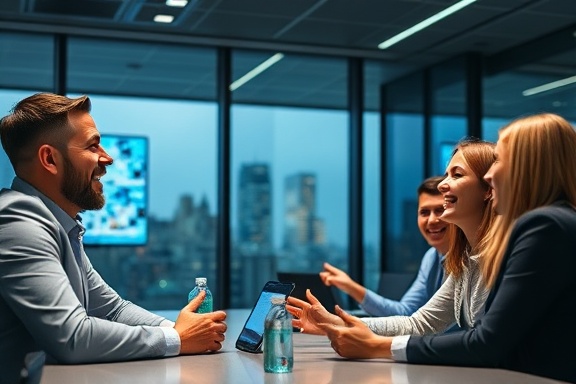 enthusiastic clients, joyful demeanor, giving feedback in a meeting, photorealistic, contemporary conference room with digital screens and a view of the city skyline, highly detailed, engaging conversation, ultra-high resolution, cool hues, diffused office lighting, shot with a wide angle lens.