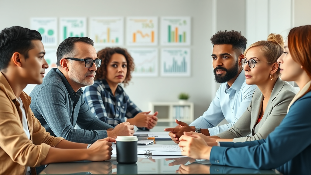 Group of small business owners discussing affordable marketing solutions plani, in a modern office with business charts