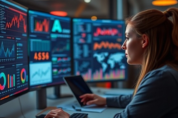 emerging engagement trends, inquisitive, highlighting new patterns, photorealistic, a digital workspace with trend graphs and articles, highly detailed, scrolling data streams, fine focus, vibrant accent colors, LED backlighting, shot with a telephoto lens.