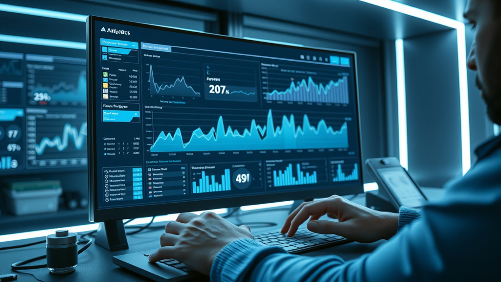 analytics dashboard showing business blogging metrics, conversion rate graphs, and engagement KPIs for business blog performance