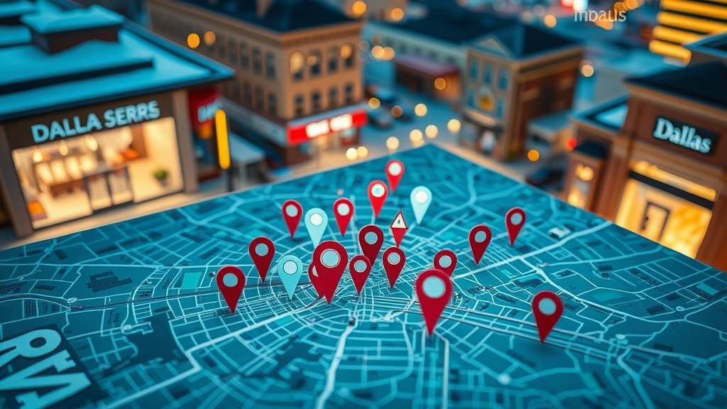 search engine optimization dallas - Detailed Dallas map with digital pins and analytics overlays for local SEO.