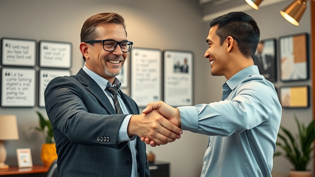 trustworthy business consultant shaking hands small business owner Dallas office testimonial branding expert small business branding Dallas