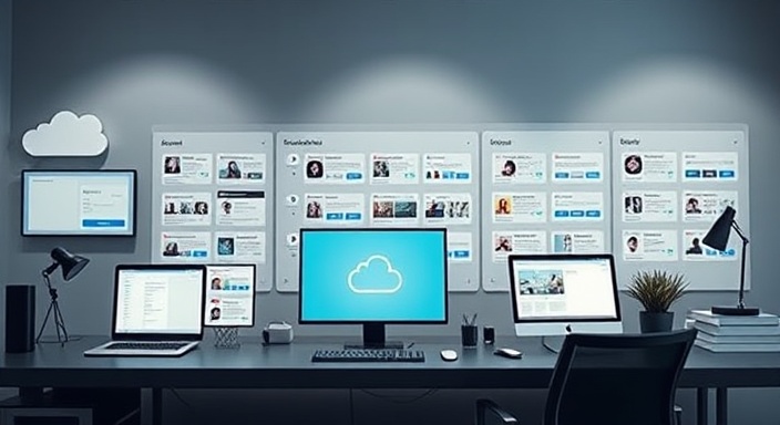 efficient SocialMedia scheduler, seamless integration, automating posts, photorealistic, modern workspace with cloud interfaces displayed, highly detailed, notifications beeping, 5120x3200 resolution, neutral greyscale, ambient blue lighting, shot with a 85mm lens