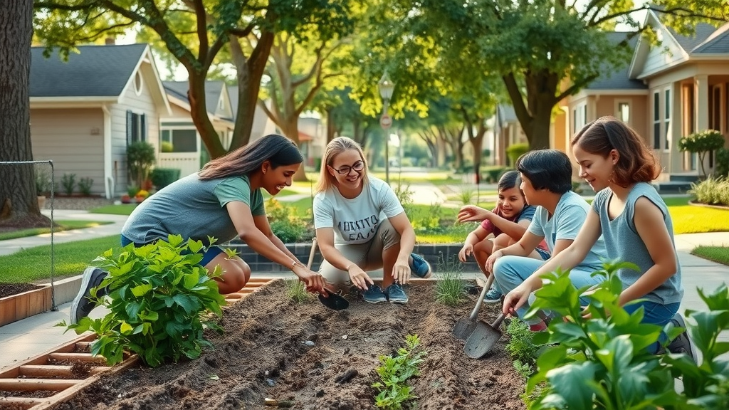 Hopeful Dallas neighborhood in revitalization, families and volunteers planting community garden, cooperative spirit, community development Dallas block grant projects and lasting engagement.