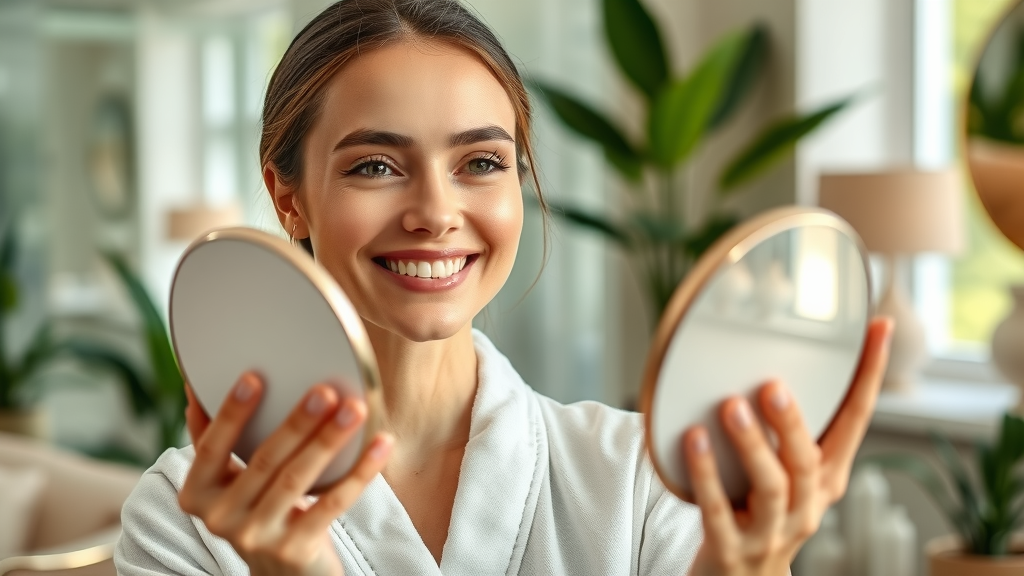 Satisfied client admires skin after medical spa treatments in serene spa lounge