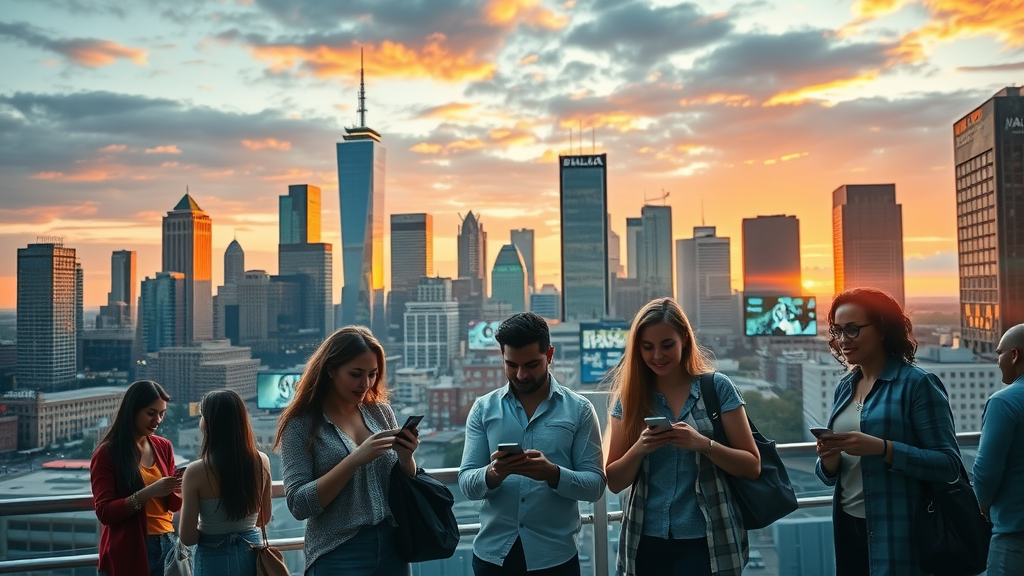 dallas digital marketing - Vibrant Dallas cityscape bustling with digital interactions and technology overlays.