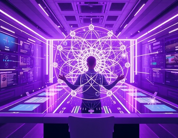 visionary platform synergy, inspired expression, aligning, photorealistic, futuristic office with touch panels and AR interfaces, highly detailed, abstract representation of network connections, cosmic purple and silver palette, soft ambient glow, shot with a Leica Summilux-M 35mm f/1.4 ASPH lens.