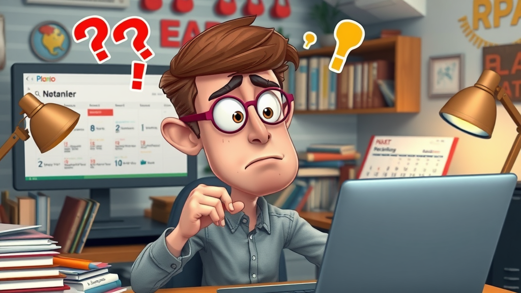 Frustrated Plano blogger overlooking local keyword research suggestions, cartoon desk, blog post mistakes for keyword research for blogs in Plano