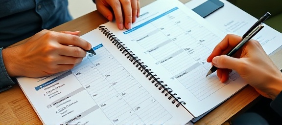 streamlined SocialMedia planner, precise timelines, balancing tasks, photorealistic, a co-working space with planners open, highly detailed, pens scribbling on notes, 3200x2400 resolution, soft blues and greens, filtered daylight, shot with a 35mm lens