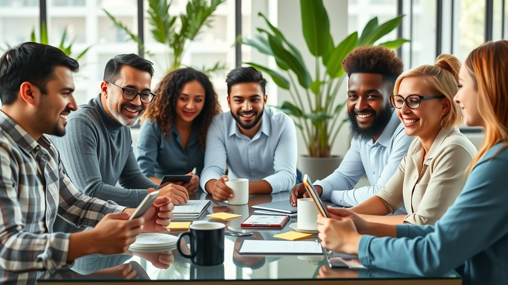 small business advertising tips brainstorming session - small business owners strategizing marketing plan in a modern office, digital tools, and natural daylight