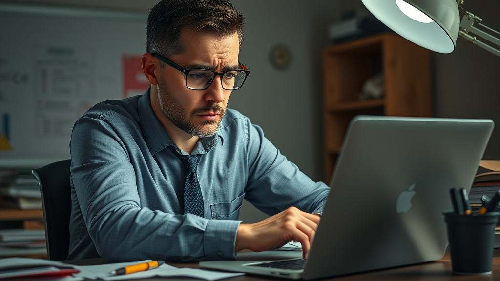 Frustrated Dallas business owner reviewing inconsistent citations on laptop - SEO pitfalls