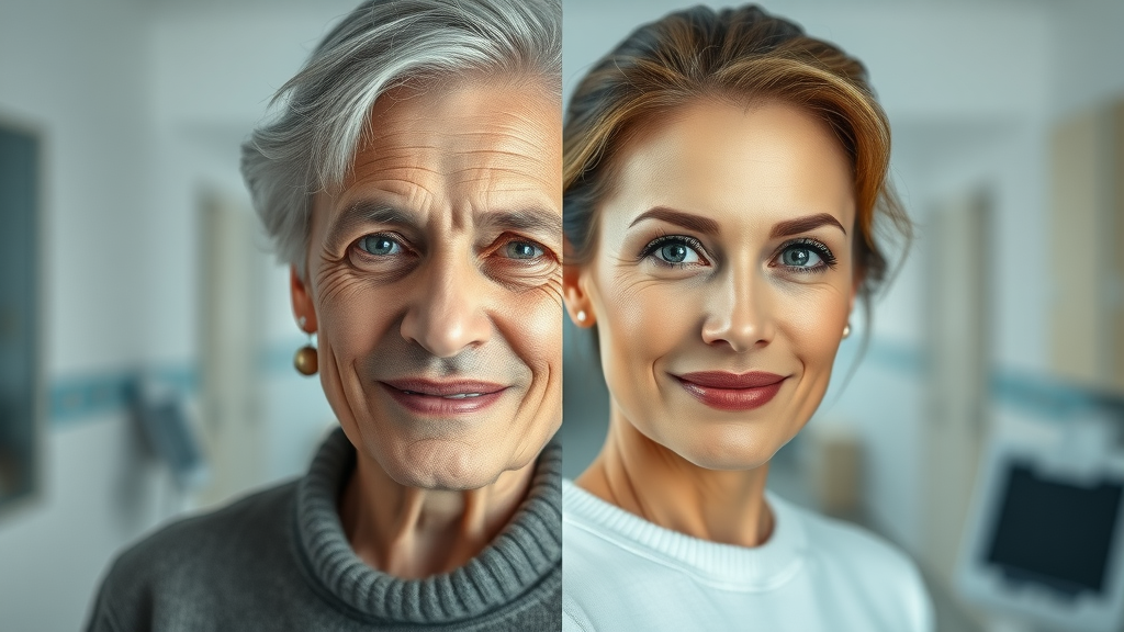 Facial plastic surgery transformation before and after in a photorealistic style.