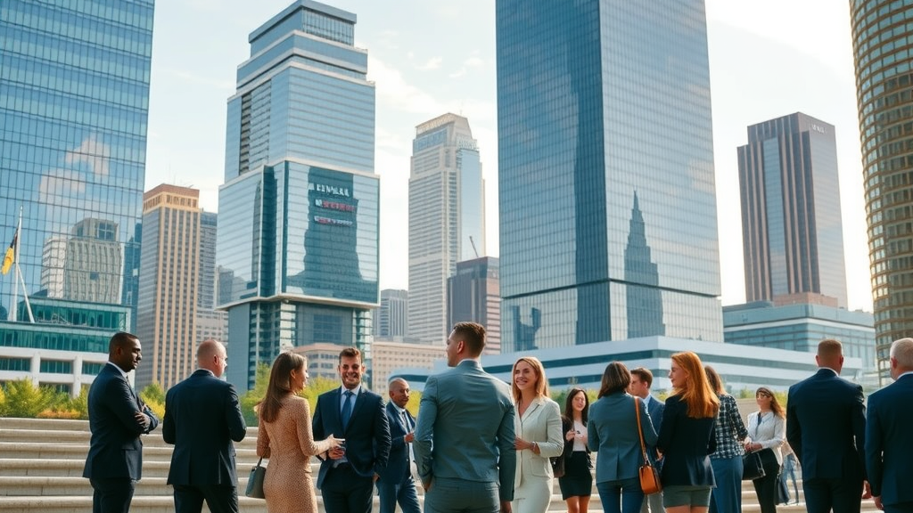 Energetic downtown Dallas skyline bustling with business activity; business professionals engaging outside modern glass buildings; Dallas business growth strategies in action - photorealistic urban cityscape